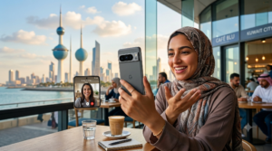 A woman in a hijab enjoys a video call on a Google Pixel smartphone at a cafe with the iconic Kuwait Towers in the background, showcasing the Best Phone for Video Calls in Kuwait