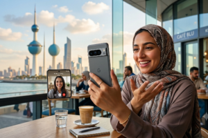 A woman in a hijab enjoys a video call on a Google Pixel smartphone at a cafe with the iconic Kuwait Towers in the background, showcasing the Best Phone for Video Calls in Kuwait