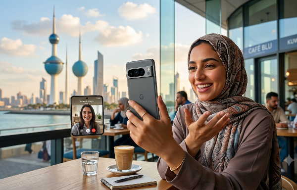A woman in a hijab enjoys a video call on a Google Pixel smartphone at a cafe with the iconic Kuwait Towers in the background, showcasing the Best Phone for Video Calls in Kuwait