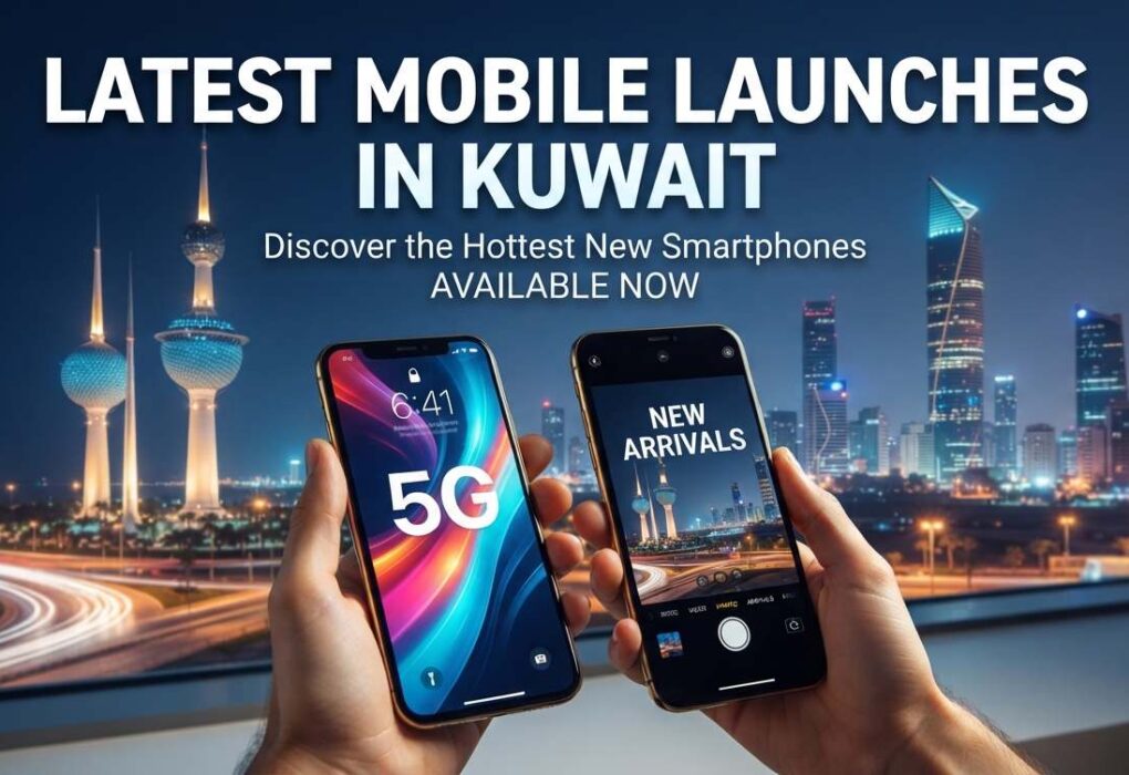 Latest Mobile Launches in Kuwait promotional banner featuring 5G smartphones held against the Kuwait City skyline, highlighting new smartphone arrivals available now