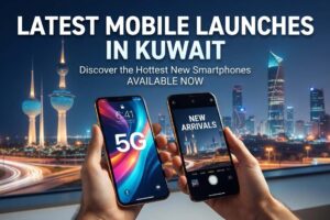 Latest Mobile Launches in Kuwait promotional banner featuring 5G smartphones held against the Kuwait City skyline, highlighting new smartphone arrivals available now