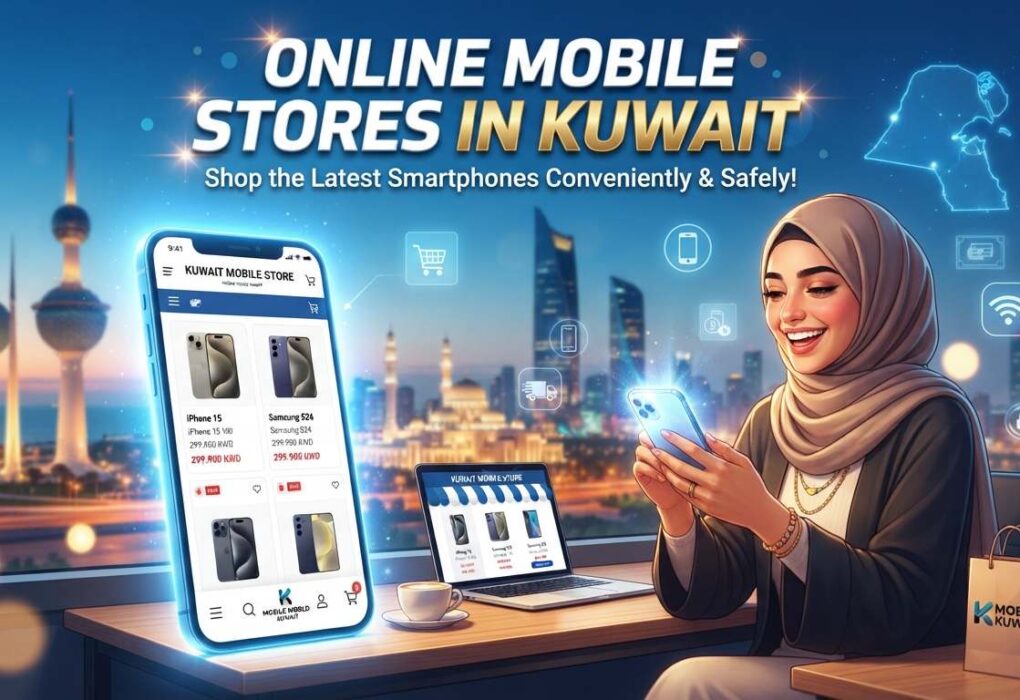 Online mobile stores in Kuwait showcasing a user shopping for smartphones on a mobile app with the Kuwait skyline in the background