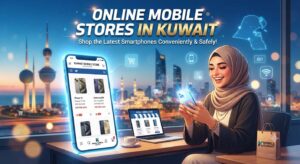 Online mobile stores in Kuwait showcasing a user shopping for smartphones on a mobile app with the Kuwait skyline in the background
