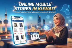 Online mobile stores in Kuwait showcasing a user shopping for smartphones on a mobile app with the Kuwait skyline in the background
