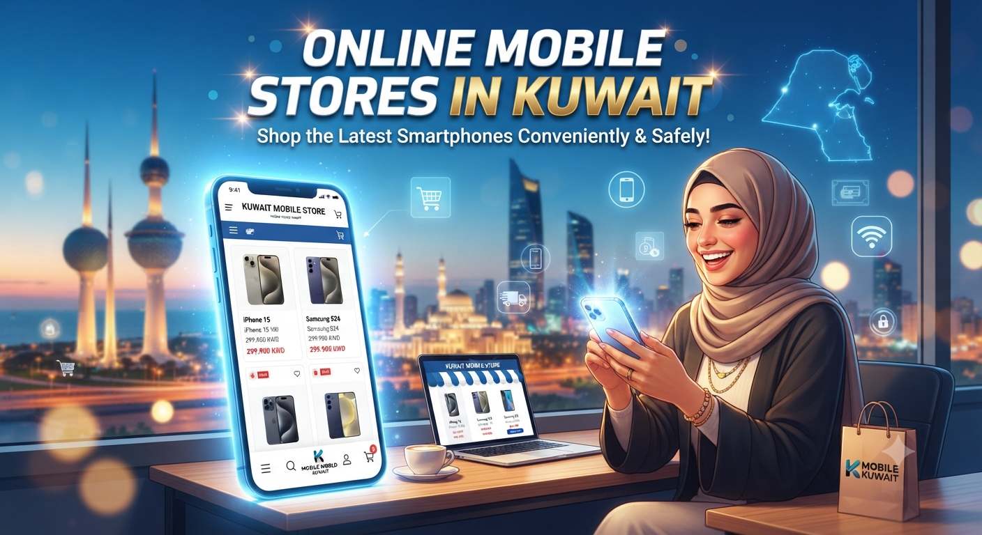 Online mobile stores in Kuwait showcasing a user shopping for smartphones on a mobile app with the Kuwait skyline in the background