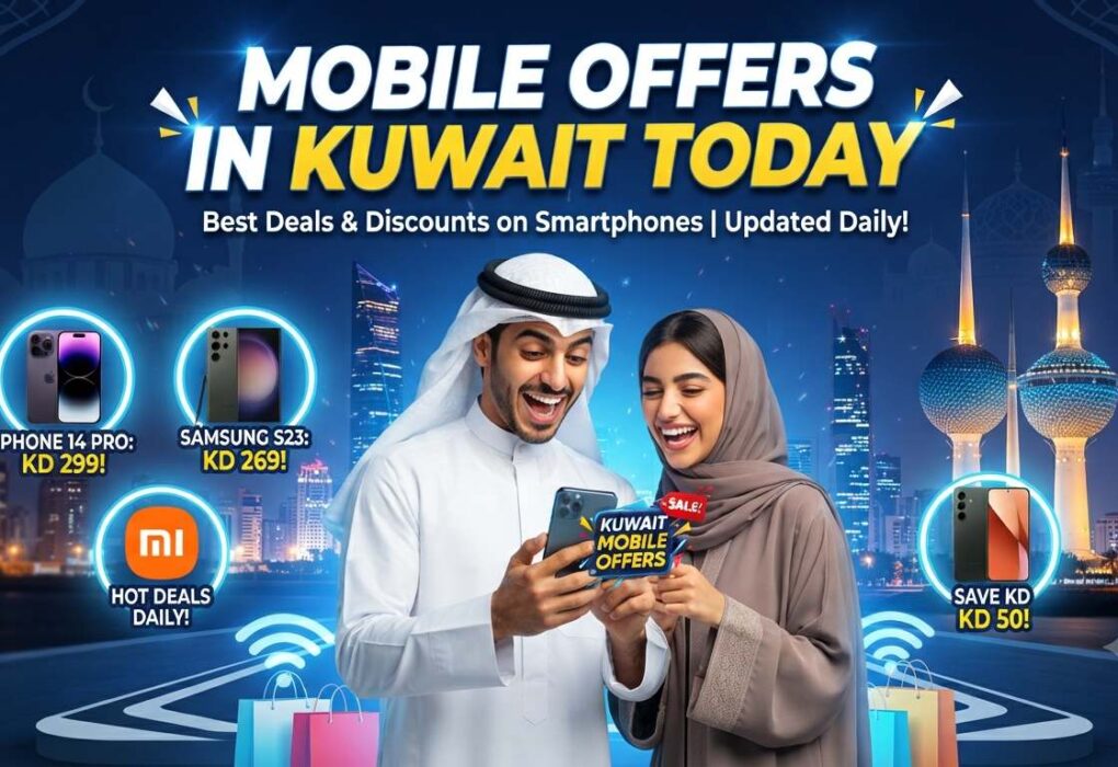 Mobile Offers in Kuwait Today promotional banner featuring smartphone deals, including iPhone, Samsung, and Xiaomi discounts, with a happy couple in traditional Kuwaiti attire against the Kuwait City skyline