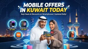 Mobile Offers in Kuwait Today promotional banner featuring smartphone deals, including iPhone, Samsung, and Xiaomi discounts, with a happy couple in traditional Kuwaiti attire against the Kuwait City skyline