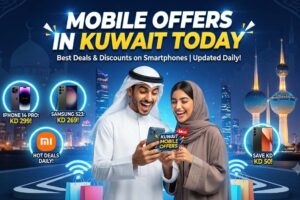 Mobile Offers in Kuwait Today promotional banner featuring smartphone deals, including iPhone, Samsung, and Xiaomi discounts, with a happy couple in traditional Kuwaiti attire against the Kuwait City skyline