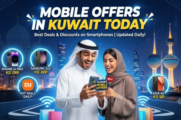 Mobile Offers in Kuwait Today promotional banner featuring smartphone deals, including iPhone, Samsung, and Xiaomi discounts, with a happy couple in traditional Kuwaiti attire against the Kuwait City skyline