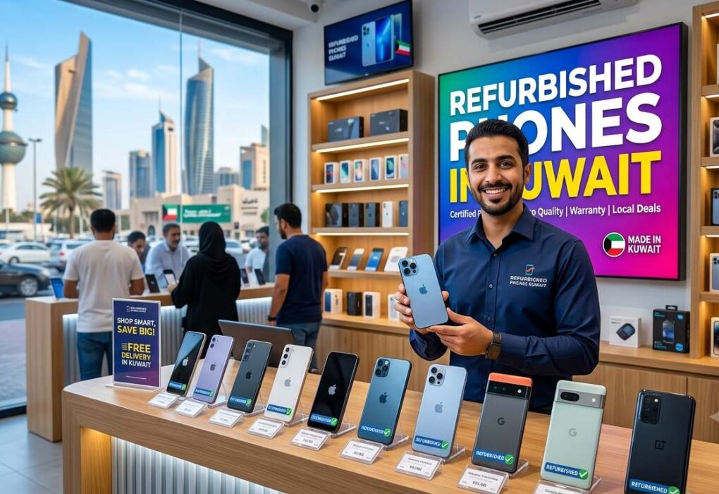 Modern mobile phone store showcasing Refurbished Phones in Kuwait, with certified pre-owned iPhones and Android devices displayed for sale