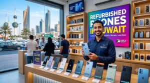 Modern mobile phone store showcasing Refurbished Phones in Kuwait, with certified pre-owned iPhones and Android devices displayed for sale
