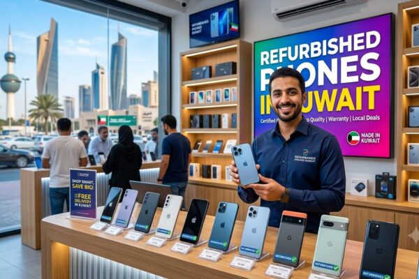 Modern mobile phone store showcasing Refurbished Phones in Kuwait, with certified pre-owned iPhones and Android devices displayed for sale