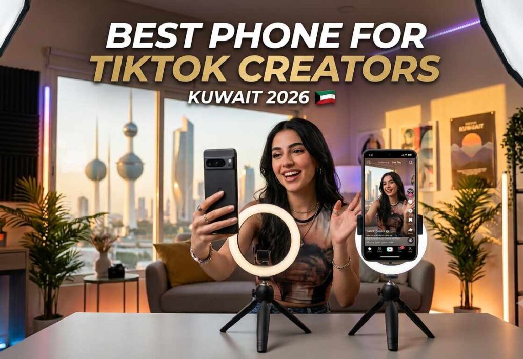 A young female content creator smiling and filming a video using smartphones with ring lights on tripods in a studio setup, featuring the Kuwait Towers in the background window, text overlay reading Best Phone for TikTok Creators in Kuwait 2026
