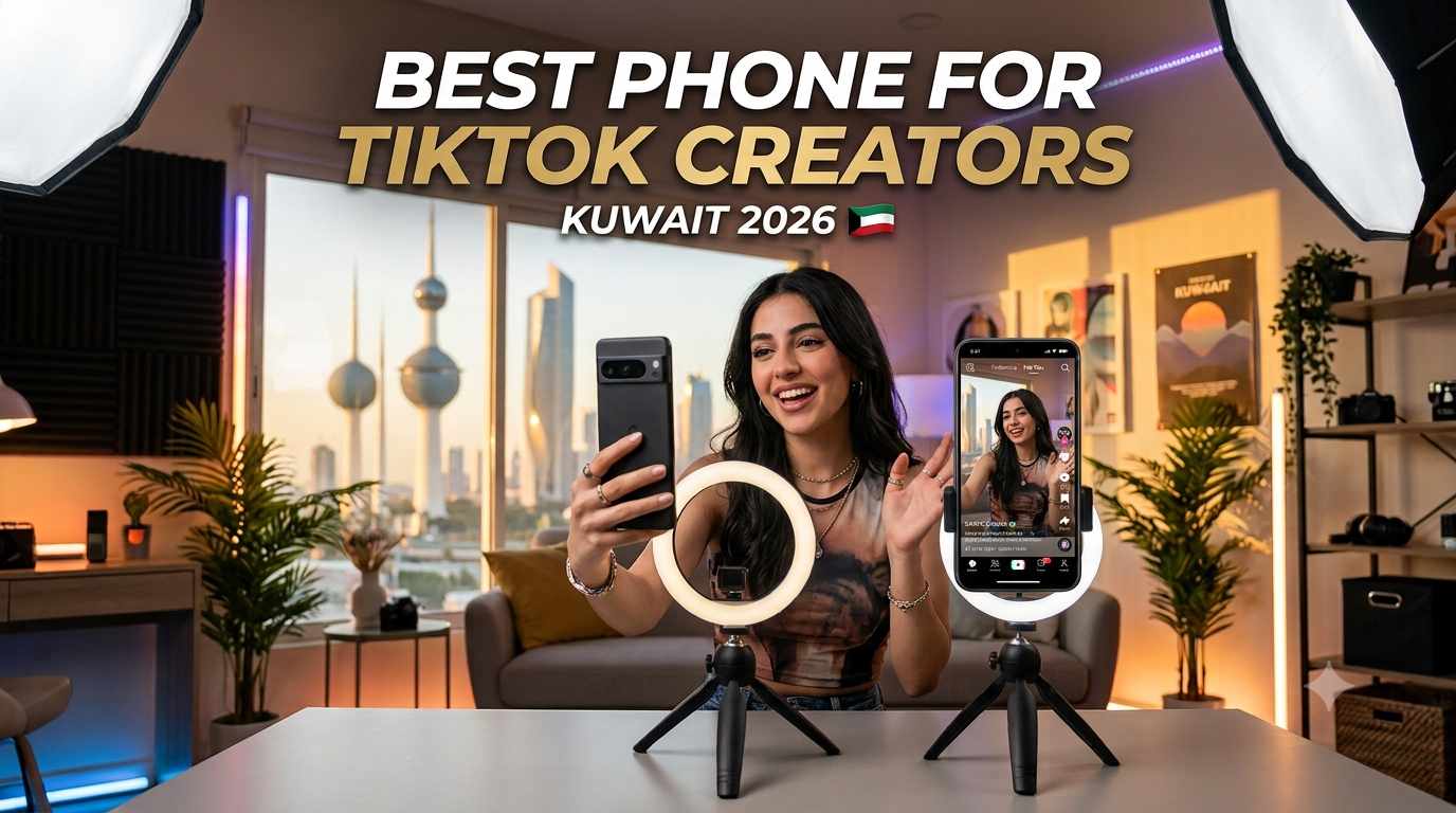 A young female content creator smiling and filming a video using smartphones with ring lights on tripods in a studio setup, featuring the Kuwait Towers in the background window, text overlay reading Best Phone for TikTok Creators in Kuwait 2026