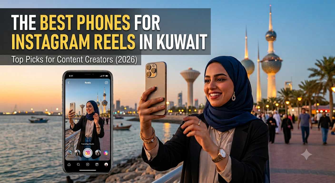 A promotional image features a woman in a blue hijab filming herself on a smartphone for Instagram Reels against the backdrop of Kuwait City towers. The text overlay reads 'THE BEST PHONES FOR INSTAGRAM REELS IN KUWAIT' with the subtitle 'Top Picks for Content Creators (2026).' The image is an informative graphic identifying the Best Phone for Instagram Reels in Kuwait for content creators