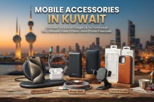 Mobile accessories in Kuwait featuring wireless chargers, power banks, phone cases, charging cables, and earbuds displayed against the Kuwait City skyline.
