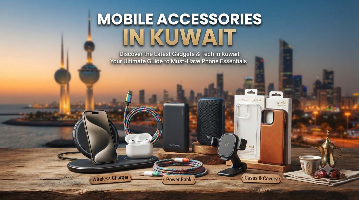 Mobile accessories in Kuwait featuring wireless chargers, power banks, phone cases, charging cables, and earbuds displayed against the Kuwait City skyline.