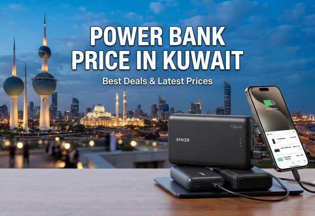 Power Bank Price in Kuwait – Promotional banner featuring power banks and a smartphone charging against the Kuwait City skyline, highlighting the best deals and latest prices.