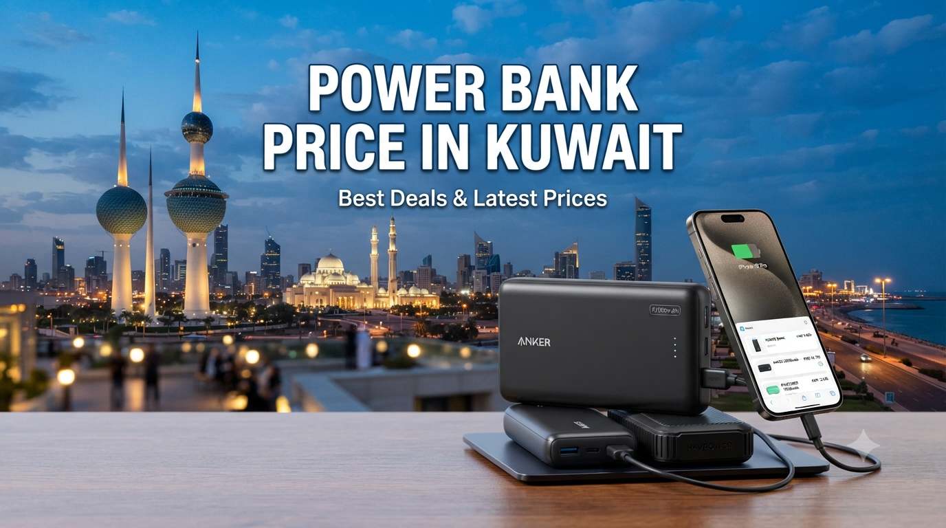 Power Bank Price in Kuwait – Promotional banner featuring power banks and a smartphone charging against the Kuwait City skyline, highlighting the best deals and latest prices.
