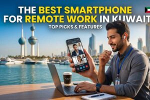 A professional man holding a smartphone during a Zoom video call while working on a laptop outdoors, featuring the text "The Best Smartphone for Remote Work in Kuwait" with the Kuwait Towers and skyline in the background