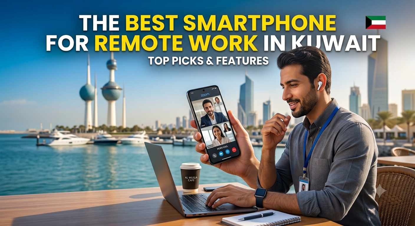 A professional man holding a smartphone during a Zoom video call while working on a laptop outdoors, featuring the text "The Best Smartphone for Remote Work in Kuwait" with the Kuwait Towers and skyline in the background