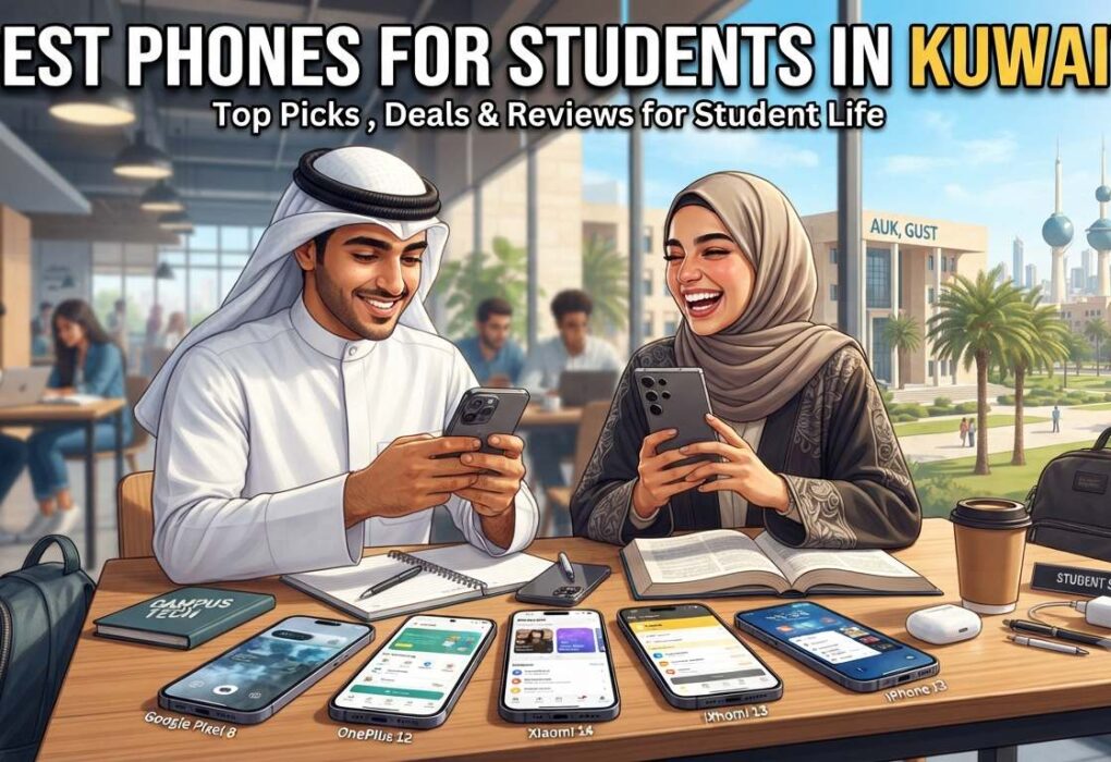 Best phones for students in Kuwait banner featuring students using smartphones on a modern campus, showcasing top smartphone picks for student life