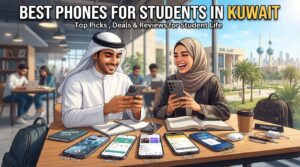 Best phones for students in Kuwait banner featuring students using smartphones on a modern campus, showcasing top smartphone picks for student life