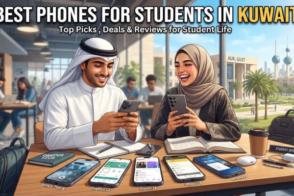 Best phones for students in Kuwait banner featuring students using smartphones on a modern campus, showcasing top smartphone picks for student life