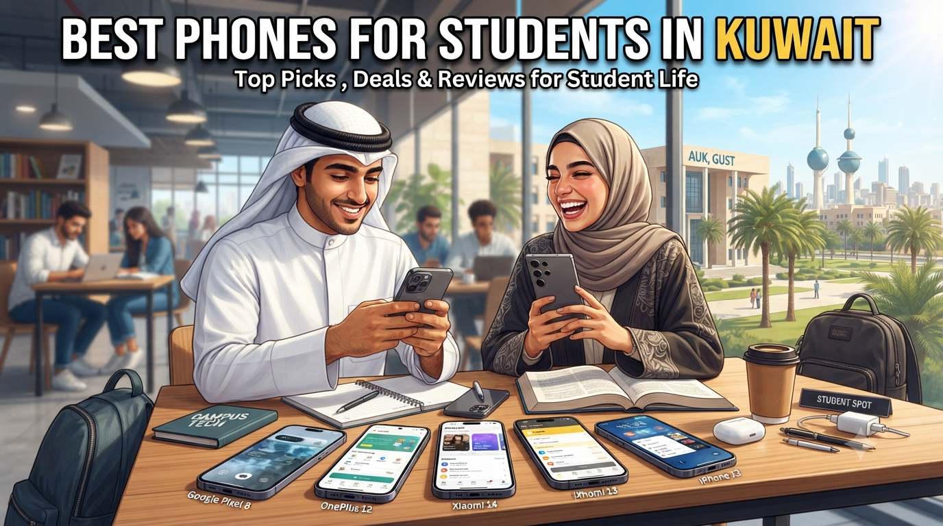 Best phones for students in Kuwait banner featuring students using smartphones on a modern campus, showcasing top smartphone picks for student life
