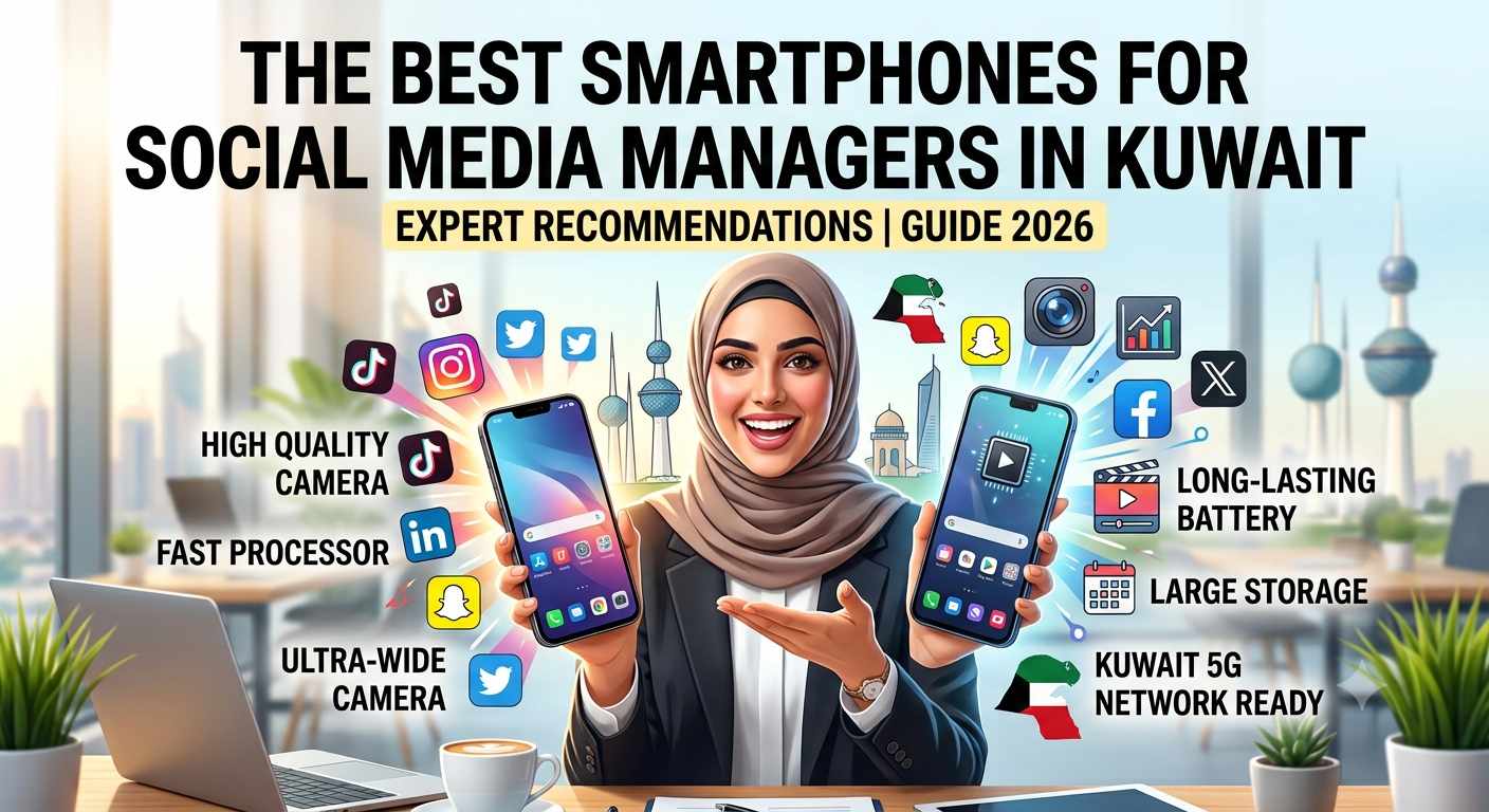 An infographic guide showcasing the Best Smartphone for Social Media Managers in Kuwait, featuring a woman holding phones with social media icons and the Kuwait skyline background