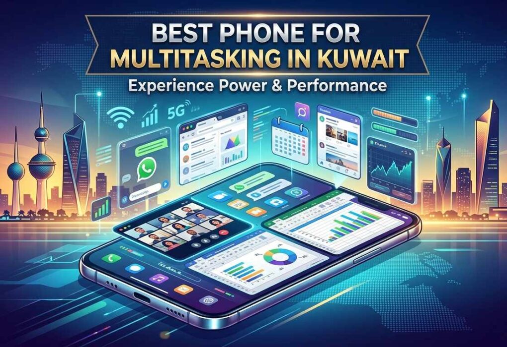 A smartphone showing split-screen apps with a 5G icon against the Kuwait skyline, featuring text Best Phone for Multitasking in Kuwait - Experience Power & Performance