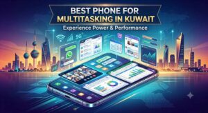 A smartphone showing split-screen apps with a 5G icon against the Kuwait skyline, featuring text Best Phone for Multitasking in Kuwait - Experience Power & Performance