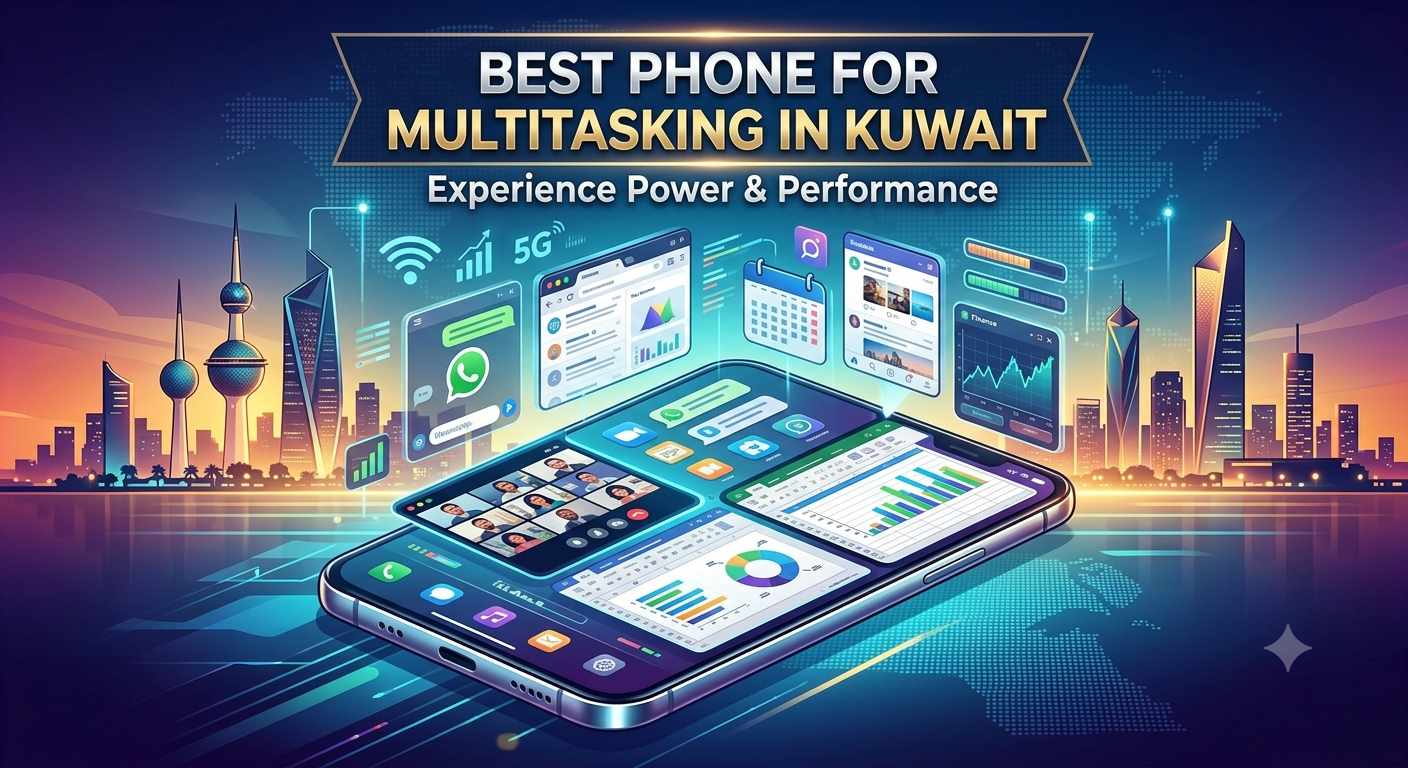 A smartphone showing split-screen apps with a 5G icon against the Kuwait skyline, featuring text Best Phone for Multitasking in Kuwait - Experience Power & Performance