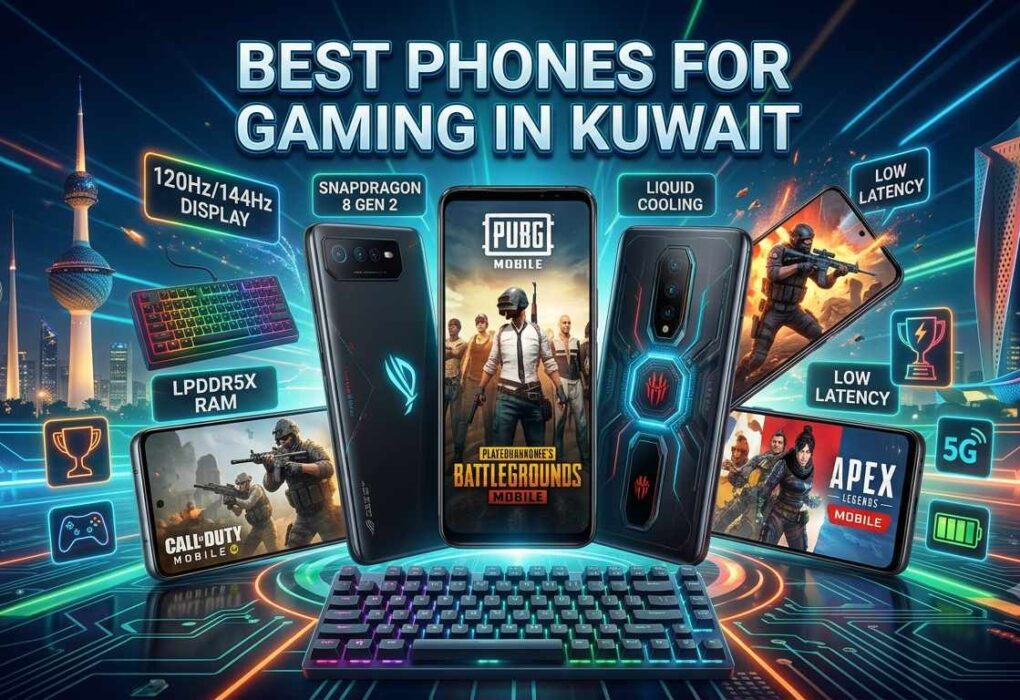 A futuristic gaming smartphone banner with the Kuwait skyline in the background, showcasing top mobile devices with features like 144Hz display, Snapdragon 8 Gen 2, and liquid cooling. The text reads 'Best Phones for Gaming in Kuwait' alongside popular mobile games like PUBG, Call of Duty, and Apex Legends