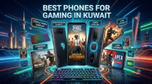 A futuristic gaming smartphone banner with the Kuwait skyline in the background, showcasing top mobile devices with features like 144Hz display, Snapdragon 8 Gen 2, and liquid cooling. The text reads 'Best Phones for Gaming in Kuwait' alongside popular mobile games like PUBG, Call of Duty, and Apex Legends