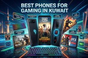 A futuristic gaming smartphone banner with the Kuwait skyline in the background, showcasing top mobile devices with features like 144Hz display, Snapdragon 8 Gen 2, and liquid cooling. The text reads 'Best Phones for Gaming in Kuwait' alongside popular mobile games like PUBG, Call of Duty, and Apex Legends