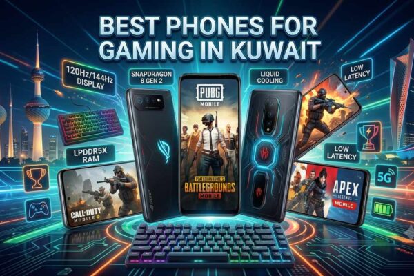 A futuristic gaming smartphone banner with the Kuwait skyline in the background, showcasing top mobile devices with features like 144Hz display, Snapdragon 8 Gen 2, and liquid cooling. The text reads 'Best Phones for Gaming in Kuwait' alongside popular mobile games like PUBG, Call of Duty, and Apex Legends