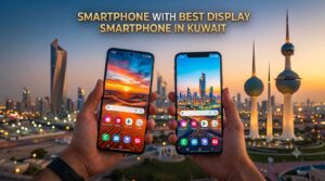 A person holding two modern smartphones side-by-side showcasing vibrant screen wallpapers, with the Kuwait city skyline and Kuwait Towers in the background, featuring the text Smartphone with Best Display in Kuwait