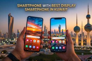 A person holding two modern smartphones side-by-side showcasing vibrant screen wallpapers, with the Kuwait city skyline and Kuwait Towers in the background, featuring the text Smartphone with Best Display in Kuwait