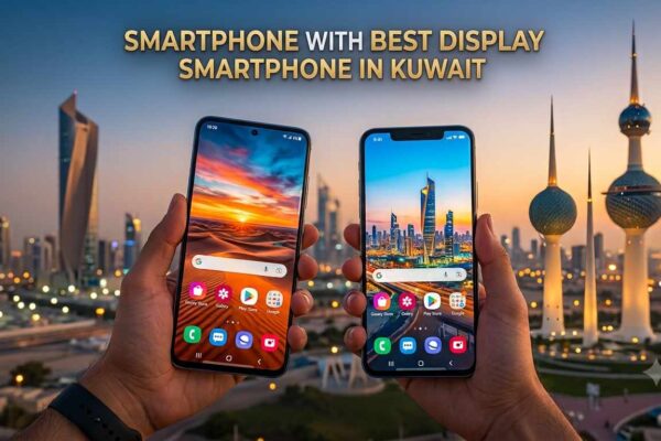 A person holding two modern smartphones side-by-side showcasing vibrant screen wallpapers, with the Kuwait city skyline and Kuwait Towers in the background, featuring the text Smartphone with Best Display in Kuwait