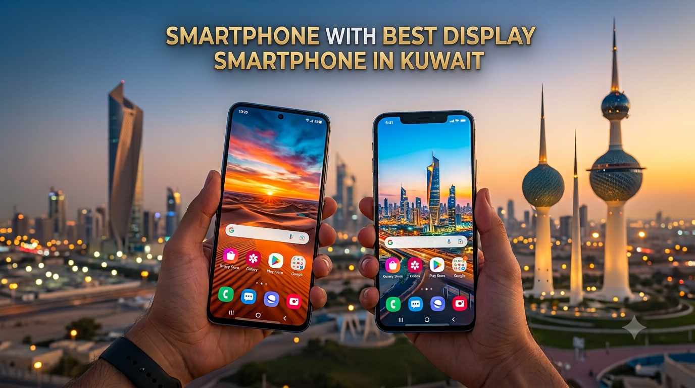 A person holding two modern smartphones side-by-side showcasing vibrant screen wallpapers, with the Kuwait city skyline and Kuwait Towers in the background, featuring the text Smartphone with Best Display in Kuwait