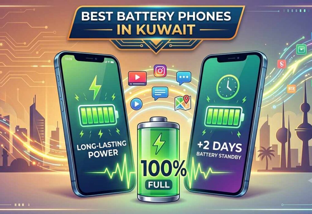 Graphic showcasing the best battery phones in Kuwait, featuring two smartphones displaying full green battery icons, "Long-Lasting Power", and "+2 Days Battery Standby" against a Kuwait city skyline background