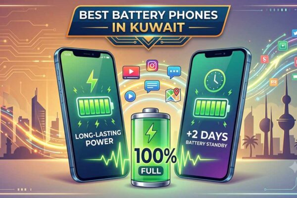 Graphic showcasing the best battery phones in Kuwait, featuring two smartphones displaying full green battery icons, "Long-Lasting Power", and "+2 Days Battery Standby" against a Kuwait city skyline background