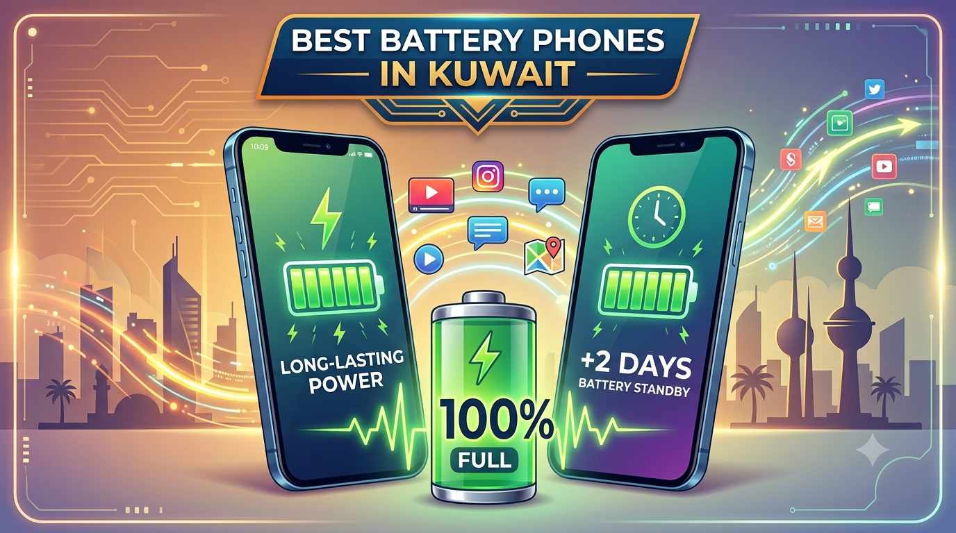 Graphic showcasing the best battery phones in Kuwait, featuring two smartphones displaying full green battery icons, "Long-Lasting Power", and "+2 Days Battery Standby" against a Kuwait city skyline background