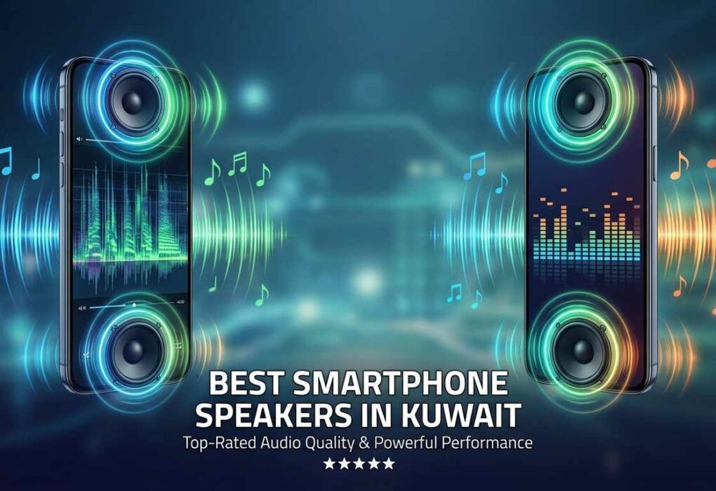 Best Smartphones With the Best Speakers in Kuwait,' featuring 5-star ratings for performance and audio quality. Set against a blurred tech background