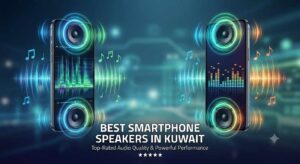 Best Smartphones With the Best Speakers in Kuwait,' featuring 5-star ratings for performance and audio quality. Set against a blurred tech background