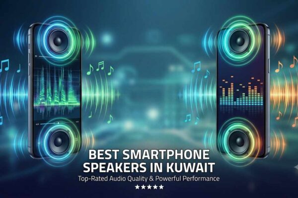 Best Smartphones With the Best Speakers in Kuwait,' featuring 5-star ratings for performance and audio quality. Set against a blurred tech background
