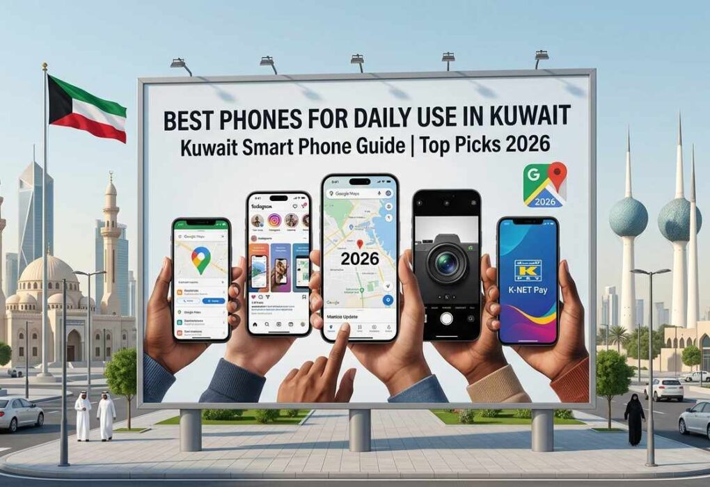 A large outdoor billboard displaying the text "Best Phones for Daily Use in Kuwait - Kuwait Smart Phone Guide | Top Picks 2026." The billboard showcases hands holding multiple smartphones displaying apps like Google Maps, Instagram, and K-NET Pay. The background features the Kuwait national flag, the Grand Mosque, Kuwait Towers, and a city street with cars and people