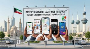 A large outdoor billboard displaying the text Best Phones for Daily Use in Kuwait - Kuwait Smart Phone Guide | Top Picks 2026  The billboard showcases hands holding multiple smartphones displaying apps like Google Maps, Instagram, and K-NET Pay. The background features the Kuwait national flag, the Grand Mosque, Kuwait Towers, and a city street with cars and people