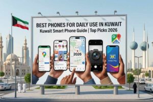 A large outdoor billboard displaying the text "Best Phones for Daily Use in Kuwait - Kuwait Smart Phone Guide | Top Picks 2026." The billboard showcases hands holding multiple smartphones displaying apps like Google Maps, Instagram, and K-NET Pay. The background features the Kuwait national flag, the Grand Mosque, Kuwait Towers, and a city street with cars and people